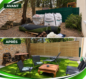 Photo de galerie - Aménagement d’un jardin avec une pose de clôture en bois, pose de pelouse synthétique et tirage d’alimentation électrique pour alimenter des spots