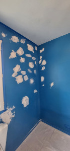 Photo de galerie - Enduit et rebouchage des murs de 3 chambres aux couleurs vives, nécessaire après décollage de nombreux autocollants.