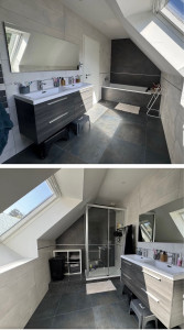 Photo de galerie - Pose d’une double vasque avec le miroir