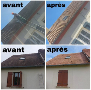 Photo de galerie - Traitement et nettoyage de toiture avec application d'un produit professionnel anti-mousse.