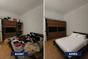 Photo de galerie - Nettoyage & Rangement – Avant / Après ✨
Transformation complète d’une chambre : d’un espace encombré à une pièce propre, organisée et harmonieuse.  
Lit impeccablement fait, armoire fermée, surfaces dégagées — un résultat net et soigné.