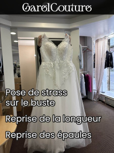 Photo de galerie - Reprise robe de mariée - pose de strass sur le buste , reprise de la longueur , reprise des épaules 