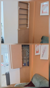 Photo de galerie - Création d'un meuble avec bibliothèque cache tuyaux 