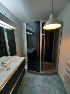 Photo de galerie - Dépose d'une baignoire,  mise en œuvre d'une chappe, pose d'un meuble de 100 avec vasque et pose d'une cabine de douche en 140 avec spot, ventilation,  radio...