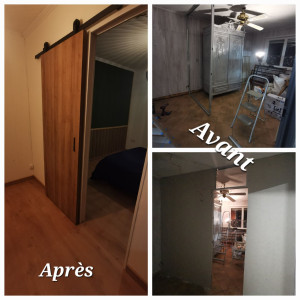 Photo de galerie - Pose d'une cloison en placo avec porte coulissante suivie d'une rénovation de chambre (sol, murs, électricité)