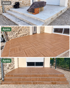 Photo de galerie - Réalisation complète d’une terrasse extérieure  : coulage d’une chape, pose d’un carrelage imitation bois, habillage des 3 marches et contremarches, joints assortis à la façade et finitions soignées pour un rendu moderne et chaleureux.