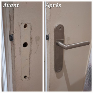 Photo de galerie - Réajustement perçages, pour adapter les nouvelles poignées à la porte. 