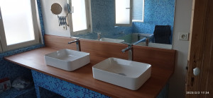 Photo de galerie - Rénovation salle de bain APRES - Double vasque à poser, robinets haut, crédence et plan de travail en bois massif, découpe en bisot 