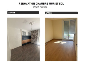 Photo de galerie - Rénovation d'une chambre : détapissage, cassage de la cloison, réfection du plafond et des murs, ratissage des murs, impression et peinture. Avec la pose d'un parquet flottant