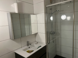 Photo de galerie - Posé meuble SDB suspendu , bac et paroi de douche