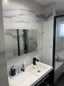Photo de galerie - Réalisation de salle de bain complète suite pose de lavabo, miroir et proposition spéciale de décoration d'intérieur.