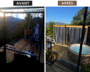 Photo de galerie - Création d'une terrasse en lame de bois avec pergola sur mesure
