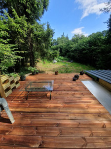 Photo de galerie - Réalisation d'un terrasse bois en hauteur dans les arbres au desus d'un carpor 