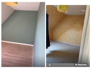 Photo de galerie - Avant/Après : rénovation complète avec retrait du papier peint, préparation des murs, peinture, pose d’un nouveau parquet et finitions. Une pièce entièrement modernisée.