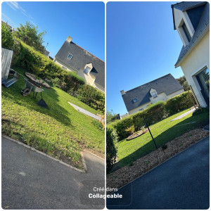 Photo de galerie - Suppression d’une haie existante et création d’une nouvelle clôture en grillage, rigide, avec portillon, plus massif avec copeaux et plantations
