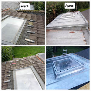 Photo de galerie - Démontage de l'ancienne toiture en tuiles ainsi que la fenêtre de toit.
réalisation d'un plancher en volige, pose d'un dôme (vélux) et d'une toiture en zinc naturel profil joint debout.