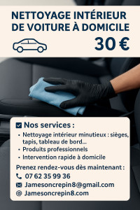 Photo de galerie - Prix variables selon le type de véhicule, l’état général et le service demandé (intérieur, extérieur, complet, etc.). N’hésitez pas à me contacter pour un devis rapide et personnalisé !