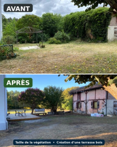 Photo de galerie - Taille sévère de végétaux et réalisation de terrasses en bois.