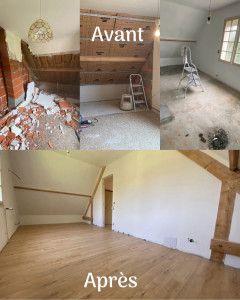 Photo de galerie - Aménagement d’une chambre (démolition, isolation, placo, peinture, parquet)