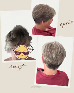 Photo de galerie - Création harmonieuse d’un blond lumineux sur cheveux blanc, coupe facile d’entretien 