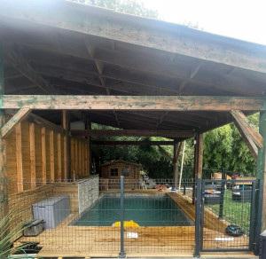 Photo de galerie - Réalisation d'une piscine maçonnée. avec une terrasse suspendue en bois