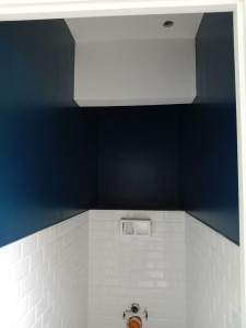 Photo de galerie - Rénovation complète de WC : carrelage au sol et aux murs, style métro blanc, peinture bleu canard. Finition soignée et moderne.