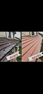 Photo de galerie - Application d'un traitement de décontamination dégraissant avec un anti-mousse pour permettre à la toiture de retrouver sa couleur et aspect d'origine demander un diagnostic et un devis gratuit