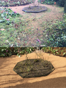 Photo de galerie - Avant : zone envahie par les mauvaises herbes, sol irrégulier. Après : surface propre, stabilisée avec géotextile et gravier.