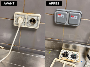 Photo de galerie - Remplacement de deux prises électriques endommagées par des prises étanches Legrand Plexo IP55.