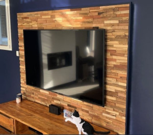 Photo de galerie - Réalisation d'un encastrement mural TV avec parement teck et éclairage LED
