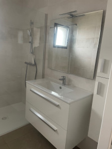 Photo de galerie - Pose meuble vasque + miroir + colonne meuble 
Pose paroi de douche 