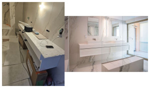 Photo de galerie - Installation robinetterie encastrée, pose meuble lavabo et vasque