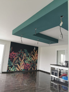 Photo de galerie - Rénovation d'une pièce de vie (salon et cuisine).
Pose d'un panoramique et création d'un faux-plafond en placo. 
