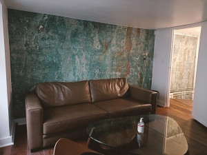 Photo de galerie - Pose de papier peint décoratif dans un salon.
Préparation des murs, application précise et alignement des motifs pour un rendu esthétique et harmonieux.