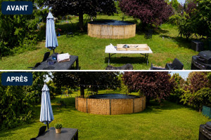 Photo de galerie - Changement de Piscine, hors-sol et création autour de la piscine d’une clôture rigide, habiller de canisse