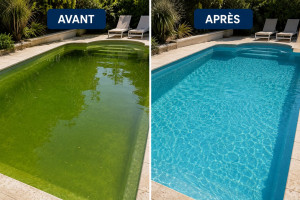 Photo de galerie - Un avant après d'un rattrapage de piscine verte 