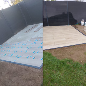 Photo de galerie - Carrelage posé avec le plus grand soin pour éviter tout dénivelé ou espacement irrégulier entre les carreaux. Bordures de finition et dalle en béton avec treillis métallique. L'eau sera drainée en direction de la clôture.