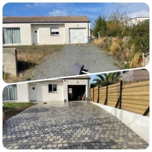 Photo de galerie - Avant/ Après. Chantier d’un pavage de 100m2 sur une entrée de garage et d’une porte d’entrée.