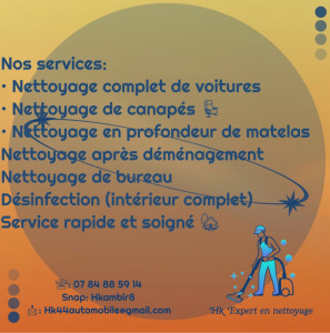 Photo de galerie - Nos services: • Nettoyage complet de voitures • Nettoyage de canapés E • Nettoyage en profondeur de matelas Nettoyage après déménagement Nettoyage de bureau Désinfection (intérieur complet)- Service rapide et soigné