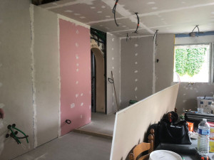 Photo de galerie - Pose de rails, doublage et BA13 en vue de rénovation d'habitation complète.