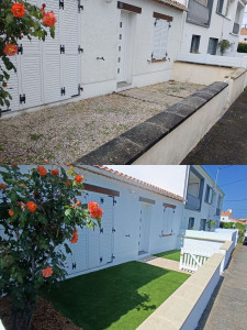 Photo de galerie - Nettoyage façade et murette + peinture et pose de gazon synthétique 