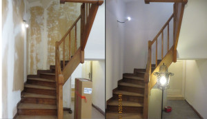 Photo de galerie - Rénovation d'une cage d'escalier sur deux .étages. Ratissage, ponçage, pose de tapisserie, peinture des plafonds. Ragréage et pose de sol en dalles vinyliques dans le couloir.