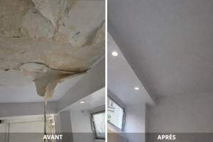 Photo de galerie - Rénovation plafond après dégât des eaux — Avant / Après Remise à neuf complète : retrait des parties abîmées, réparation, enduit, ponçage et peinture pour un résultat propre, lisse et durable