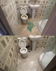 Photo de galerie - Salle de bain avant/après – nettoyage en profondeur, désinfection, WC, lavabo, cabine de douche et sols. Résultat propre et hygiénique.