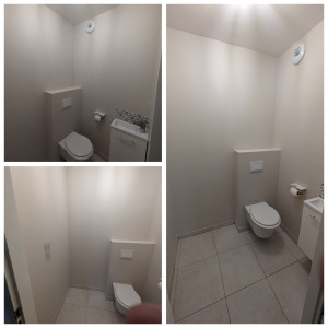 Photo de galerie - Peinture toilettes qui était rouge, mur beige velour et plafond blanc mat