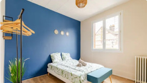 Photo de galerie - L’accent a été mis sur un mur bleu profond qui structure la pièce et crée un effet cocon. Associé à des teintes neutres et à une déco végétale, il donne du caractère sans alourdir l’espace. Une ambiance moderne, fraîche et accueillante.