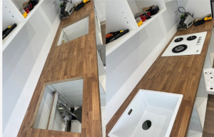 Photo de galerie - Découpe d’un plan de travail ( plaque de cuisson et évier)