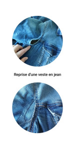 Photo de galerie - Zone d'usure importante sous le bras d'une veste en jean - renforcée et reprise pour prolonger la vie de cette veste ???