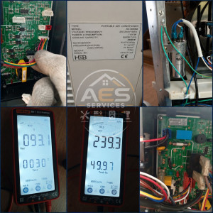 Photo de galerie - Diagnostic d’un climatiseur mobile en panne. Contrôle électrique, mesures au multimètre et identification du condensateur de démarrage défectueux. Remplacement du condensateur puis tests de fonctionnement et remise en service.