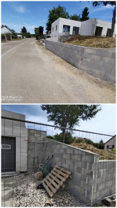 Photo de galerie - Fondation, faite par le client. 
Montage de blocs à brancher avec poteaux raidisseurs.
Coulage du béton avec le client. 
